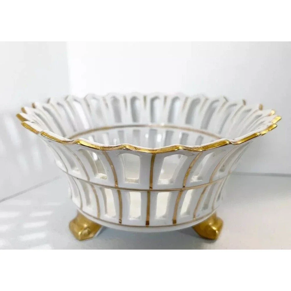 Vtg Procelain Footed Gilt Bowl The Style of Vista Allegre Portugal Reticulated